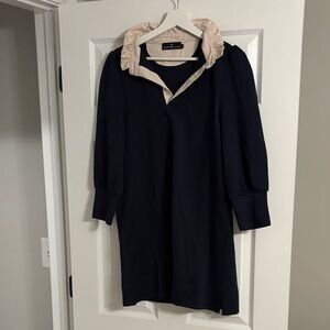 Pomander Place Navy Long Sleeve Dress with Cream Ruffle Collar